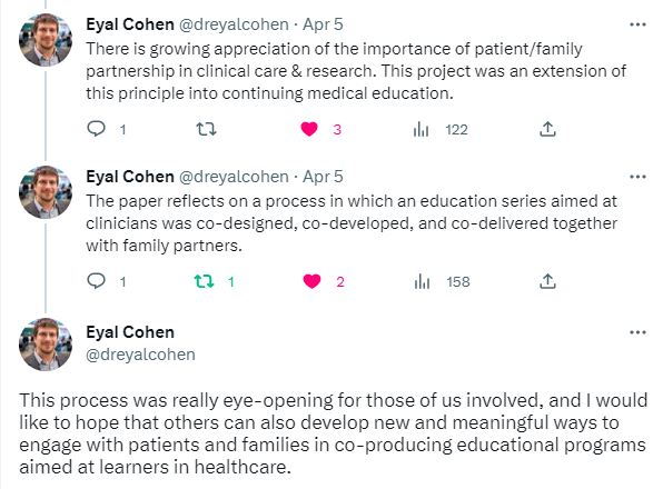 Twitter post by Dr. Eyal Cohen describing the purpose and achievement of the C6 series as a successful CME model that was co-designed, co-developed and co-delivered with family partners. 